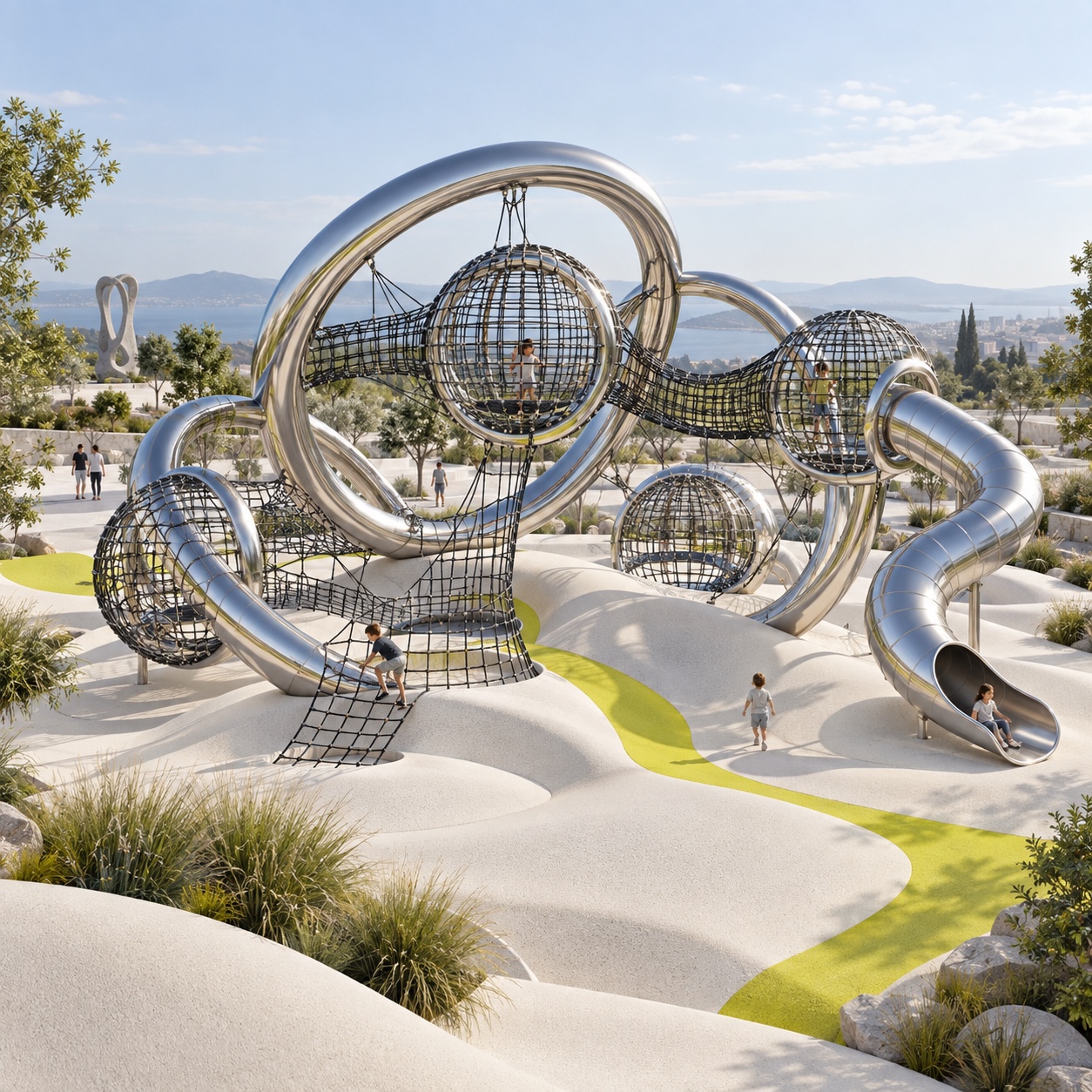 Speculative playground of polished steel loops, climbing nets and sculptural terrain